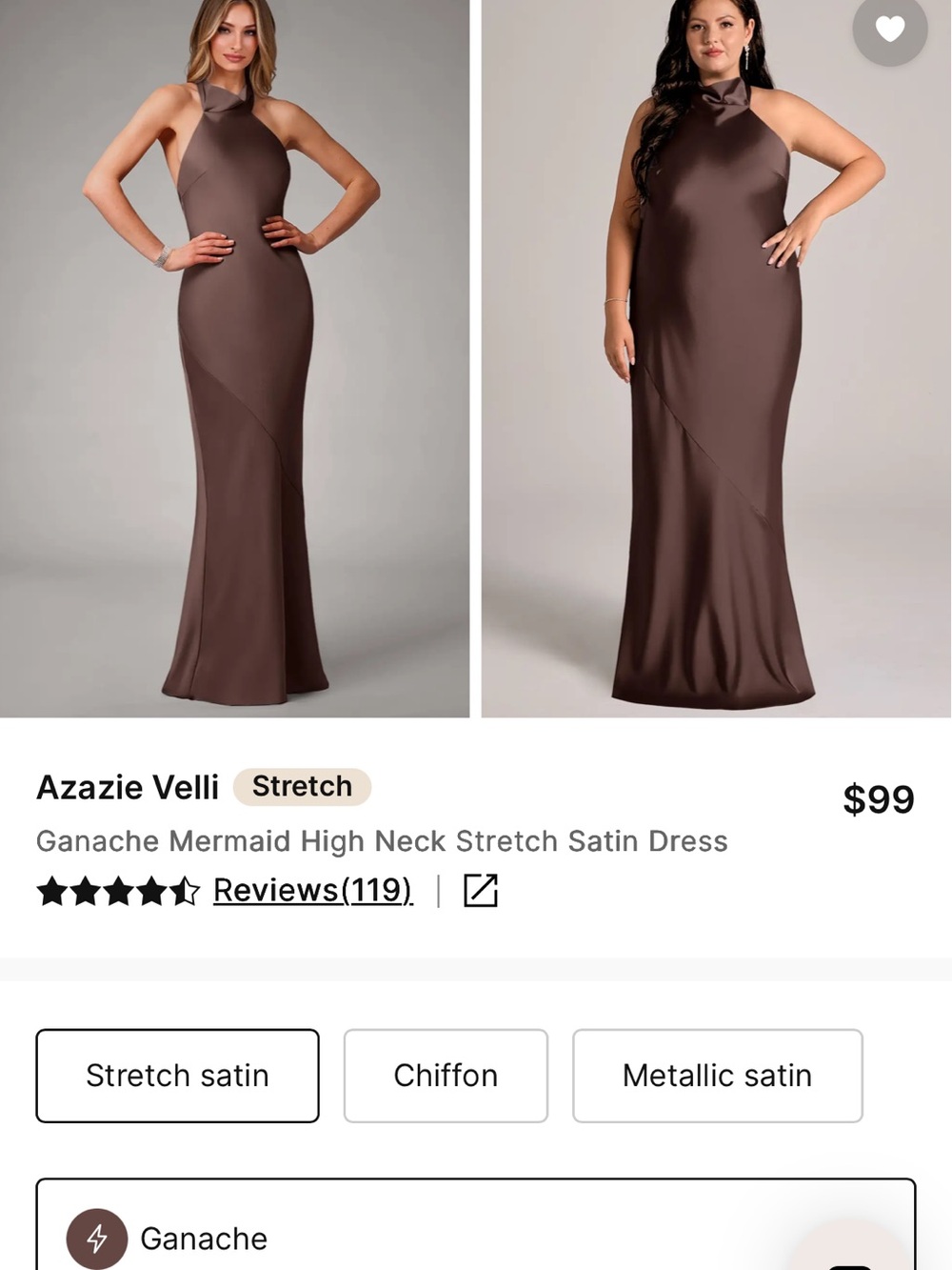 Azazie Velli- High Neck Mermaid Satin Stretch Dress - Brown